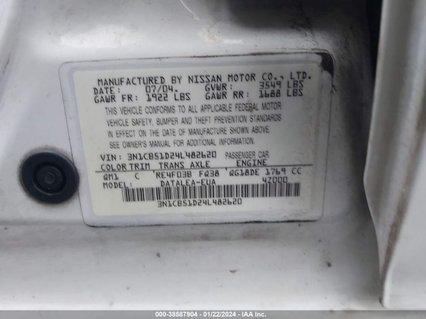 2004 Nissan Sentra 1.8S VIN: 3N1CB51D24L482620 Lot: 38587904