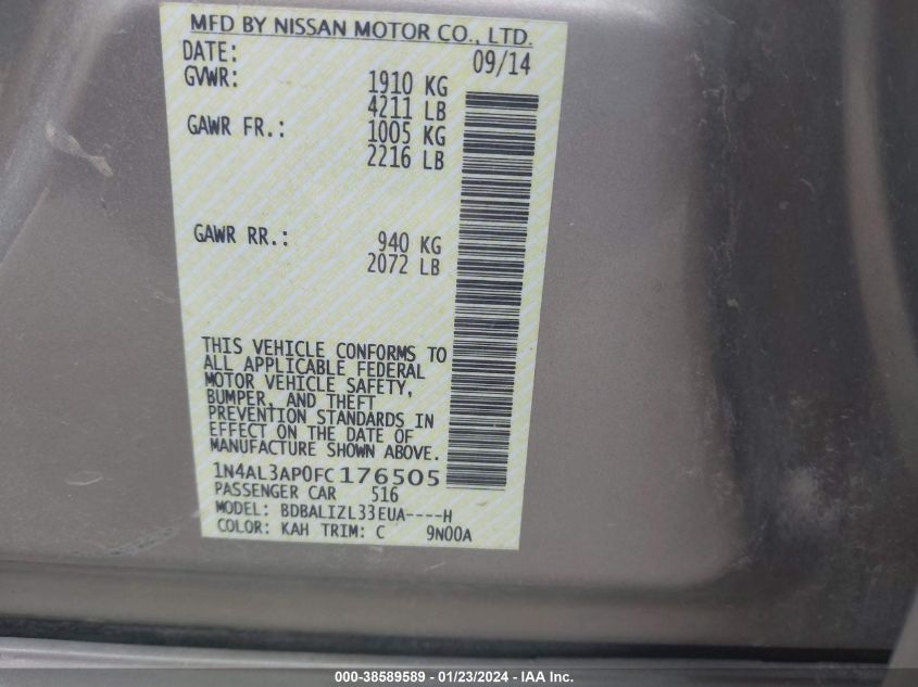 2015 Nissan Altima 2.5 Sv VIN: 1N4AL3AP0FC176505 Lot: 38589589