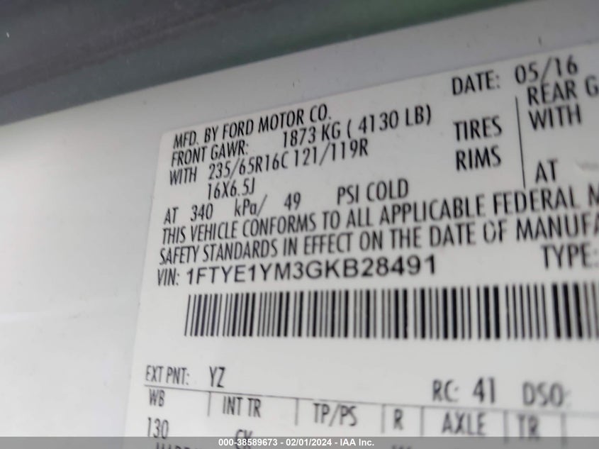 2016 FORD TRANSIT-150 - 1FTYE1YM3GKB28491