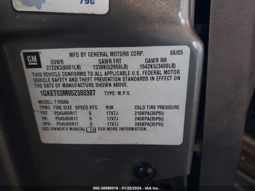 2005 GMC Envoy Denali VIN: 1GKET63M952380387 Lot: 38590018