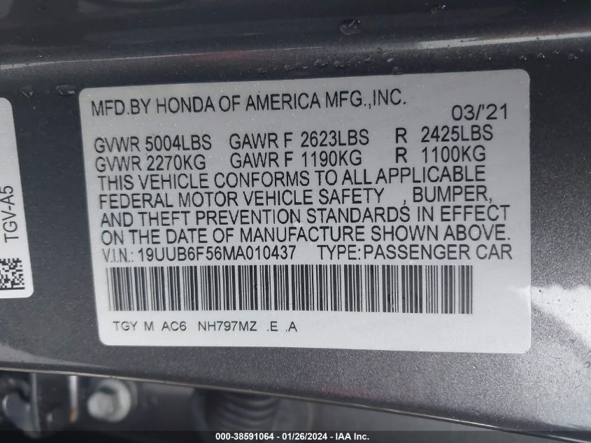 19UUB6F56MA010437 2021 Acura Tlx Tech A