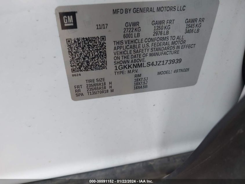 1GKKNMLS4JZ173939 2018 GMC Acadia Slt-1