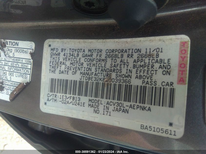 JTDBE32K820039366 2002 Toyota Camry Le/Se/Xle