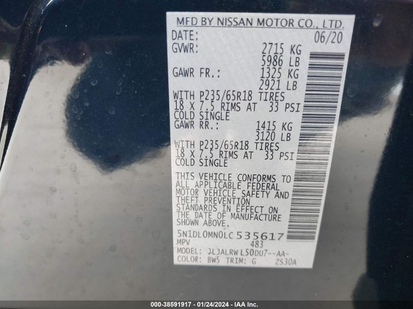 2020 Infiniti Qx60 Luxe VIN: 5N1DL0MN0LC535617 Lot: 38591917