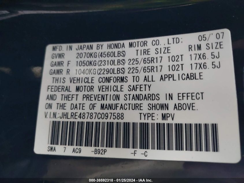 2007 Honda Cr-V Ex-L VIN: JHLRE48787C097588 Lot: 38592318