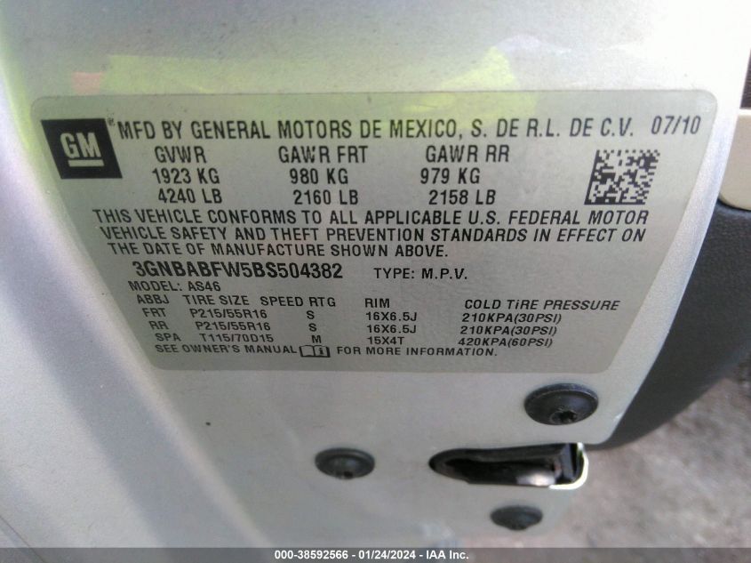 2011 Chevrolet Hhr Lt VIN: 3GNBABFW5BS504382 Lot: 38592566