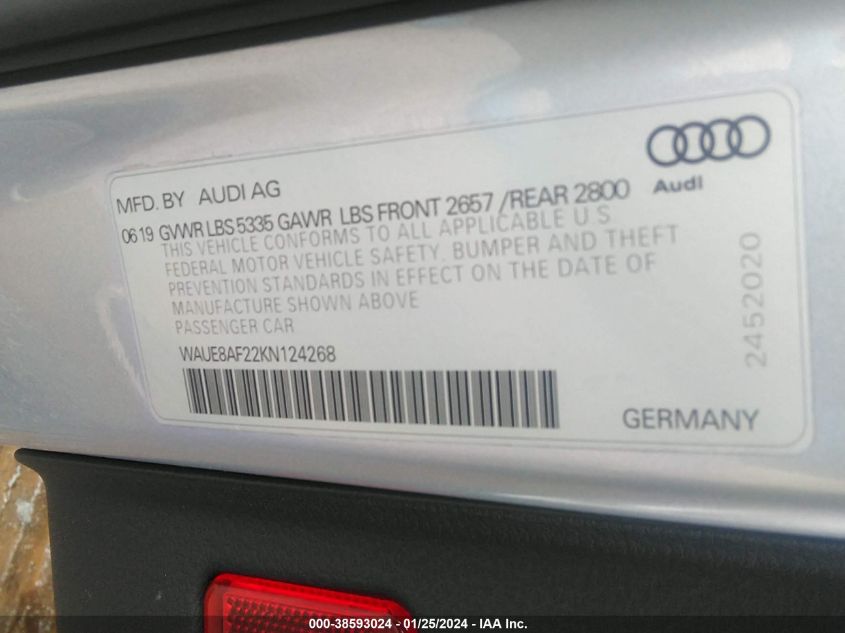 2019 Audi A6 45 Premium VIN: WAUE8AF22KN124268 Lot: 38593024