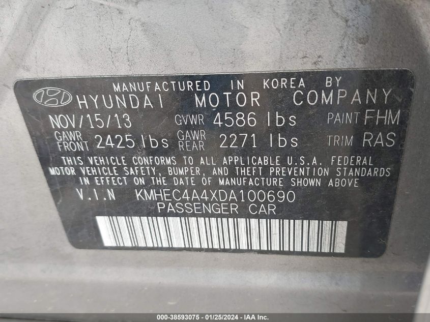 2013 Hyundai Sonata Hybrid Limited VIN: KMHEC4A4XDA100690 Lot: 38593075