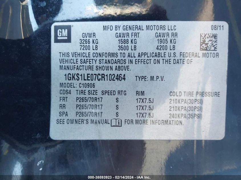 1GKS1LE07CR102464 2012 GMC Yukon Xl 1500 Slt