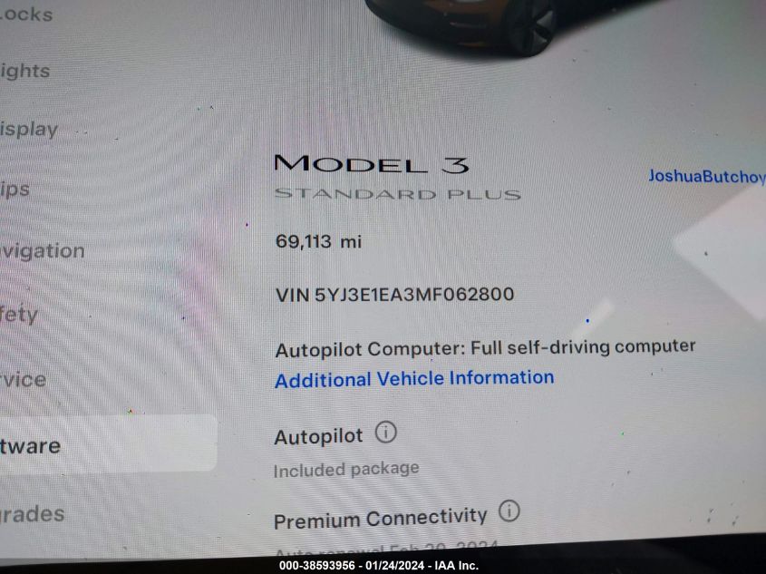 2021 Tesla Model 3 Standard Range Plus Rear-Wheel Drive VIN: 5YJ3E1EA3MF062800 Lot: 38593956