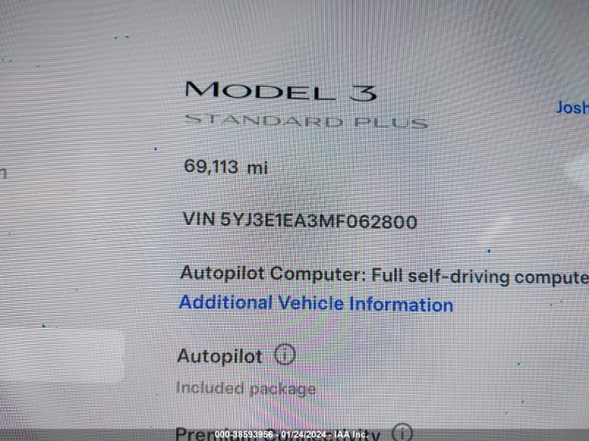 2021 Tesla Model 3 Standard Range Plus Rear-Wheel Drive VIN: 5YJ3E1EA3MF062800 Lot: 38593956