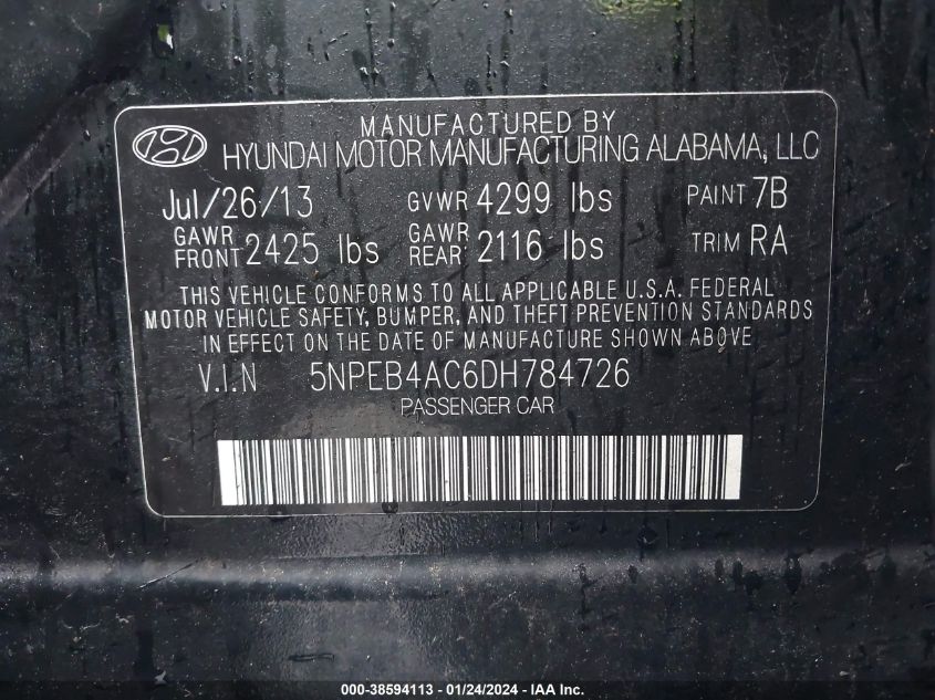 5NPEB4AC6DH784726 2013 Hyundai Sonata Gls