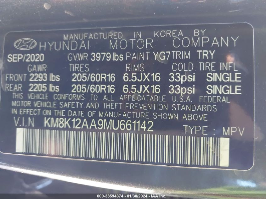 2021 Hyundai Kona Se VIN: KM8K12AA9MU661142 Lot: 38594374
