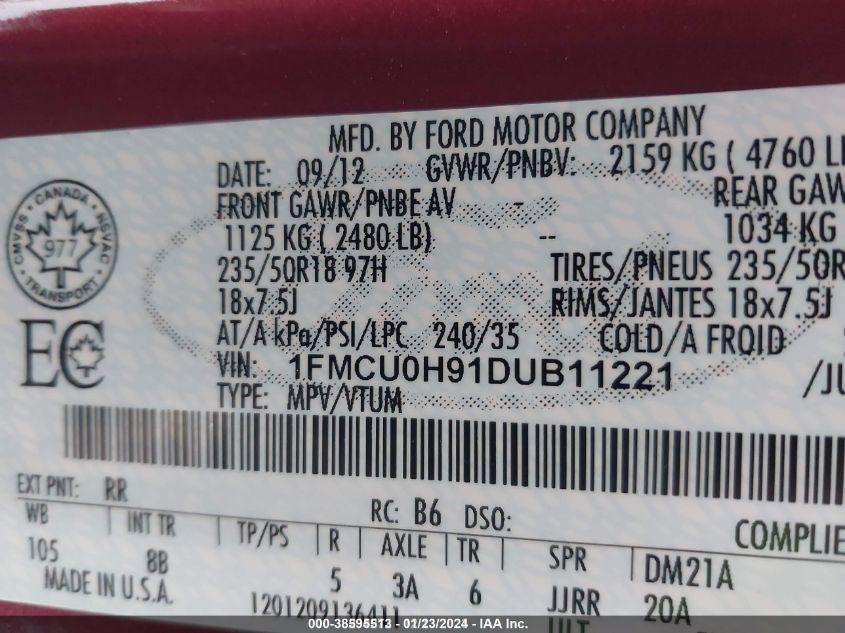 1FMCU0H91DUB11221 2013 Ford Escape Sel