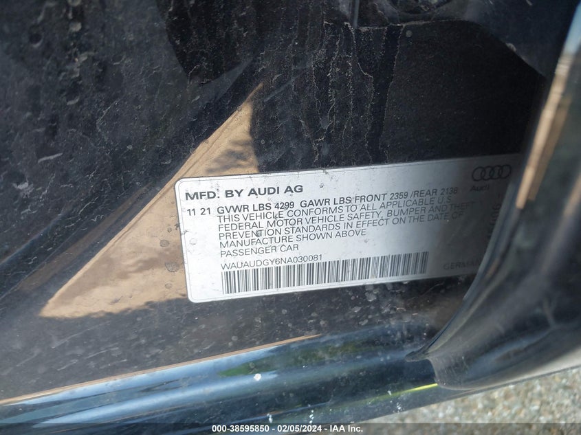 2022 AUDI A3 PREMIUM 40 TFSI FRONT-WHEEL DRIVE S TRONIC - WAUAUDGY6NA030081