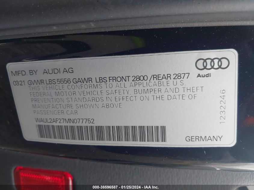 WAUL2AF27MN077752 2021 Audi A6 Premium Plus 55 Tfsi Quattro S Tronic