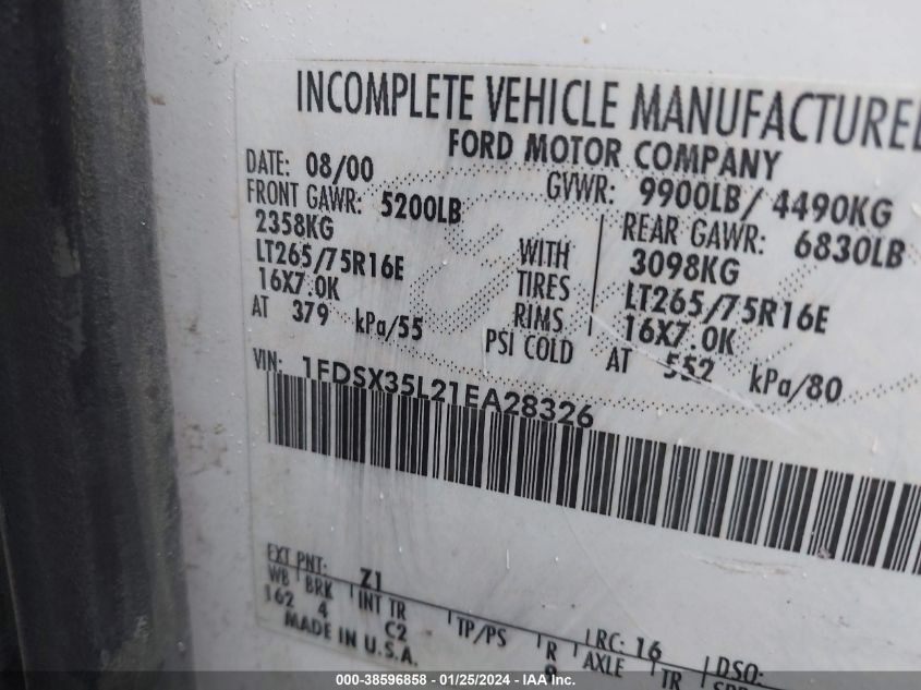 2001 Ford Super Duty F-350 Srw Lariat/Xl/Xlt VIN: 1FDSX35L21EA28326 Lot: 38596858