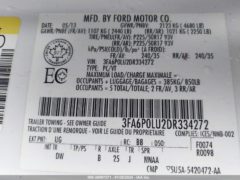 2013 Ford Fusion Hybrid Se VIN: 3FA6P0LU2DR334272 Lot: 38597271