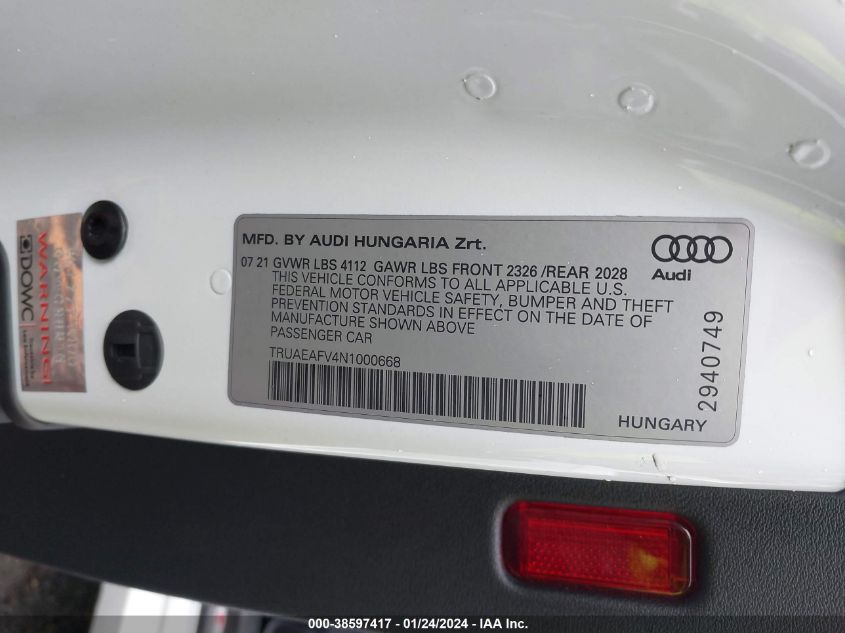 2022 Audi Tt 45 Tfsi Quattro S Tronic VIN: TRUAEAFV4N1000668 Lot: 38597417