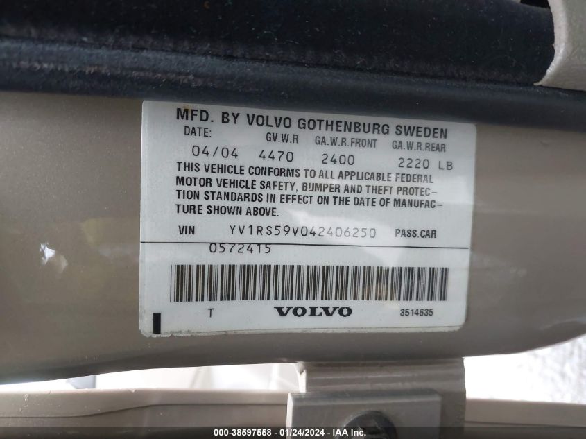 YV1RS59V042406250 2004 Volvo S60 2.5T