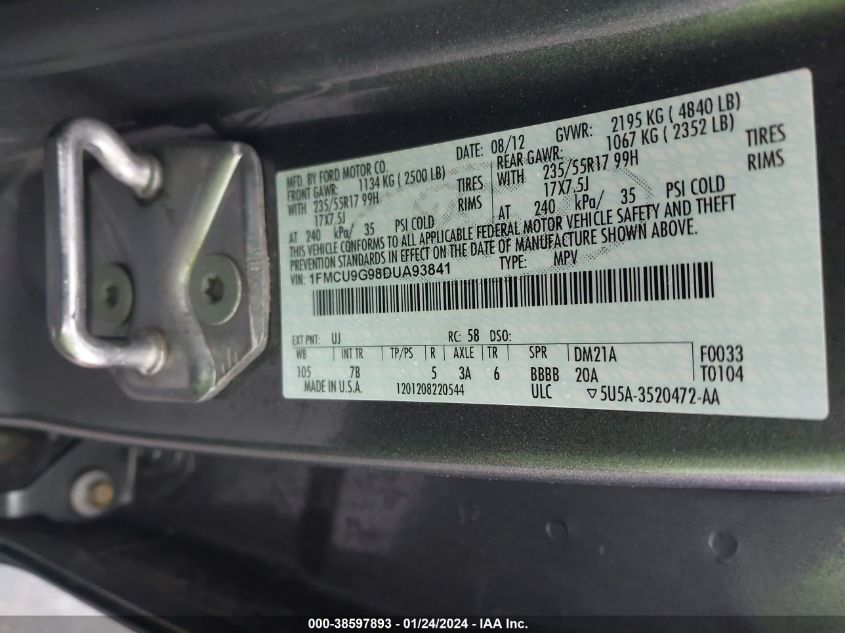 1FMCU9G98DUA93841 2013 Ford Escape Se