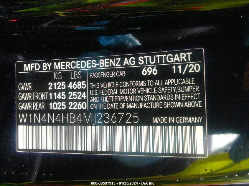 2021 Mercedes-Benz Gla 250 4Matic VIN: W1N4N4HB4MJ236725 Lot: 38597913