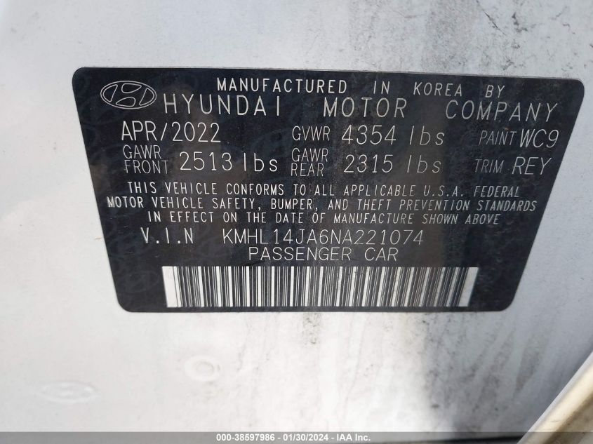 KMHL14JA6NA221074 2022 Hyundai Sonata Sel