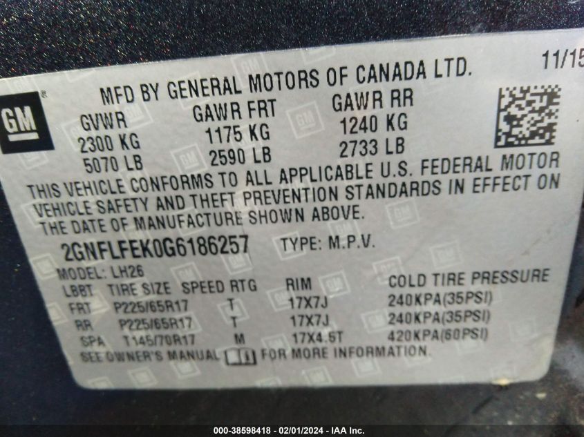 2GNFLFEK0G6186257 2016 Chevrolet Equinox Lt