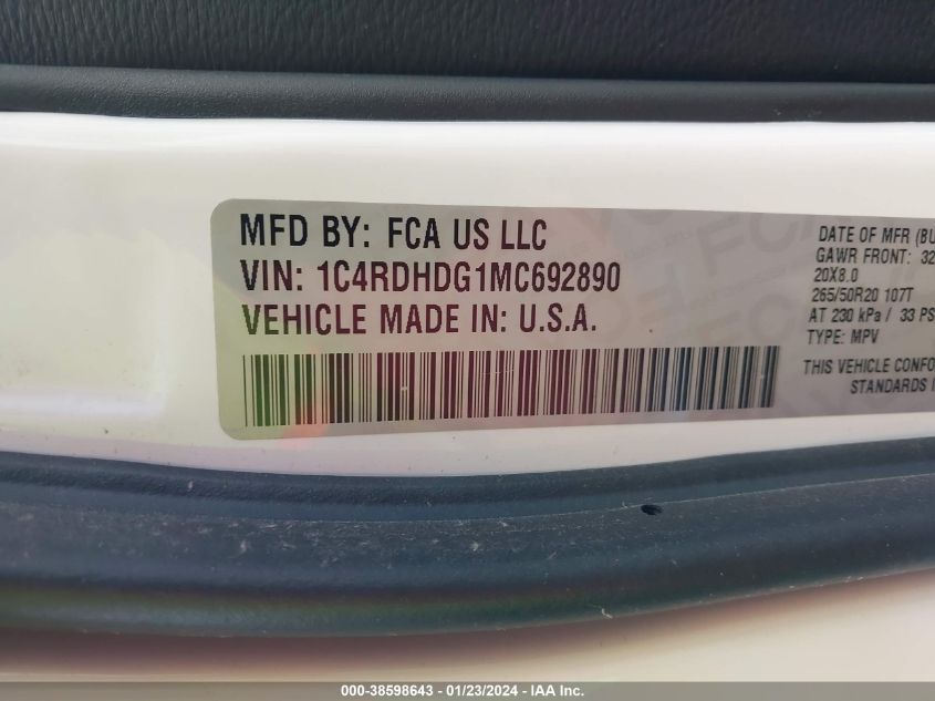 1C4RDHDG1MC692890 2021 Dodge Durango Gt Plus Rwd