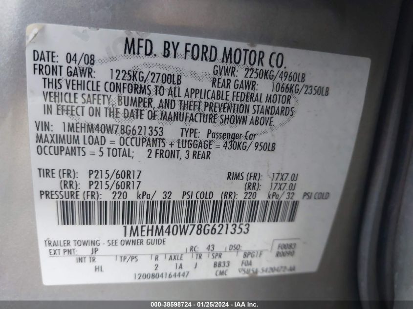 1MEHM40W78G621353 2008 Mercury Sable