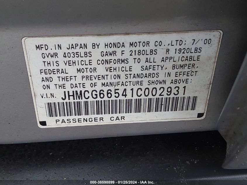 2001 Honda Accord 2.3 Lx VIN: JHMCG66541C002931 Lot: 38598899