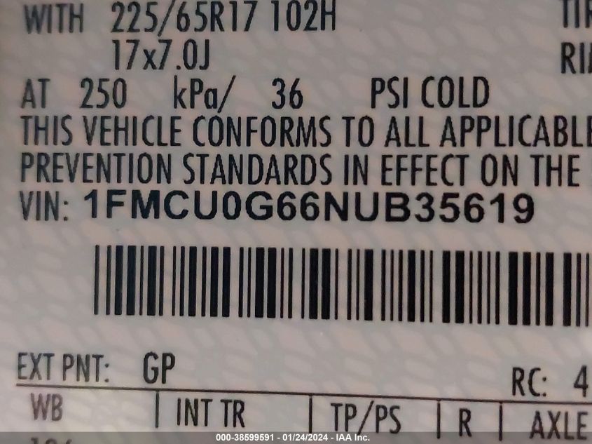 2022 Ford Escape Se VIN: 1FMCU0G66NUB35619 Lot: 38599591