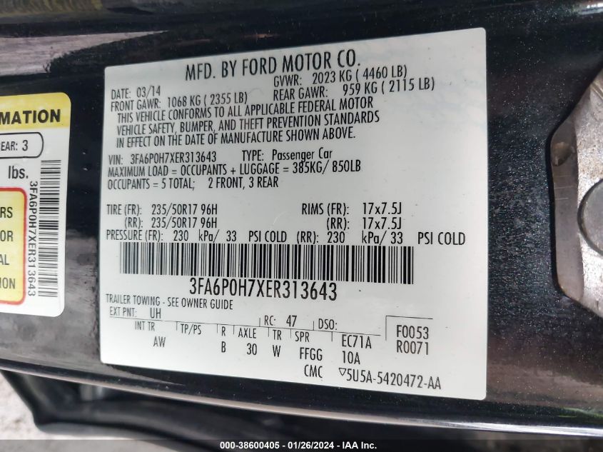 3FA6P0H7XER313643 2014 Ford Fusion Se