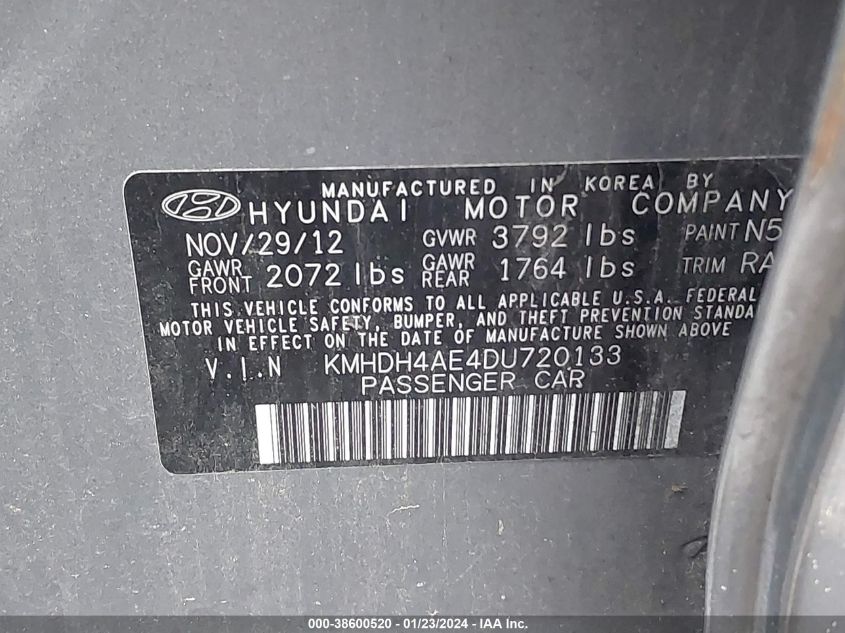 2013 Hyundai Elantra Gls (Ulsan Plant) VIN: KMHDH4AE4DU720133 Lot: 38600520