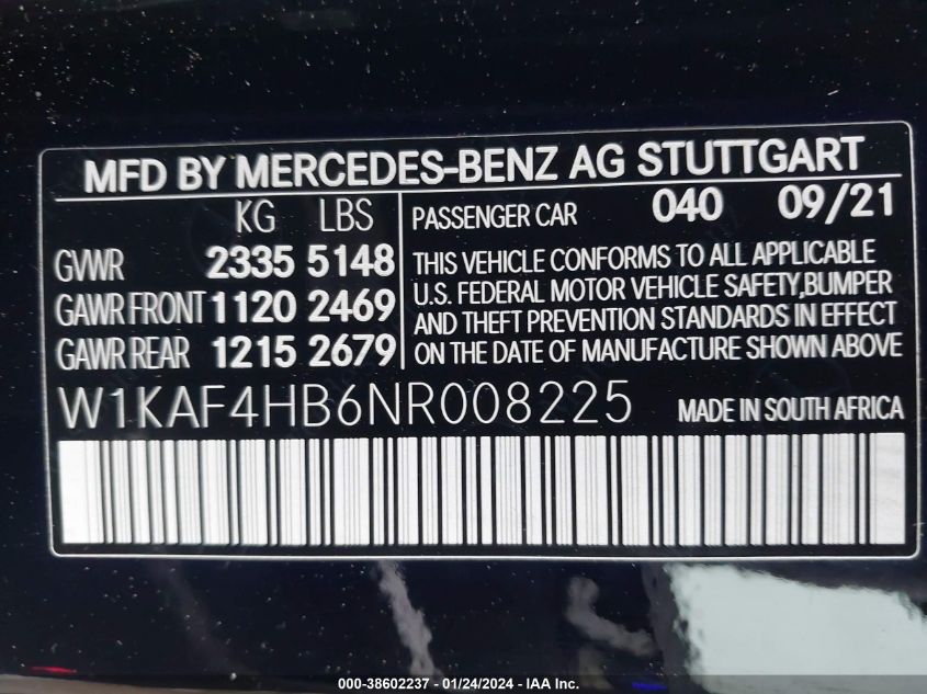 2022 Mercedes-Benz C 300 4Matic VIN: W1KAF4HB6NR008225 Lot: 38602237