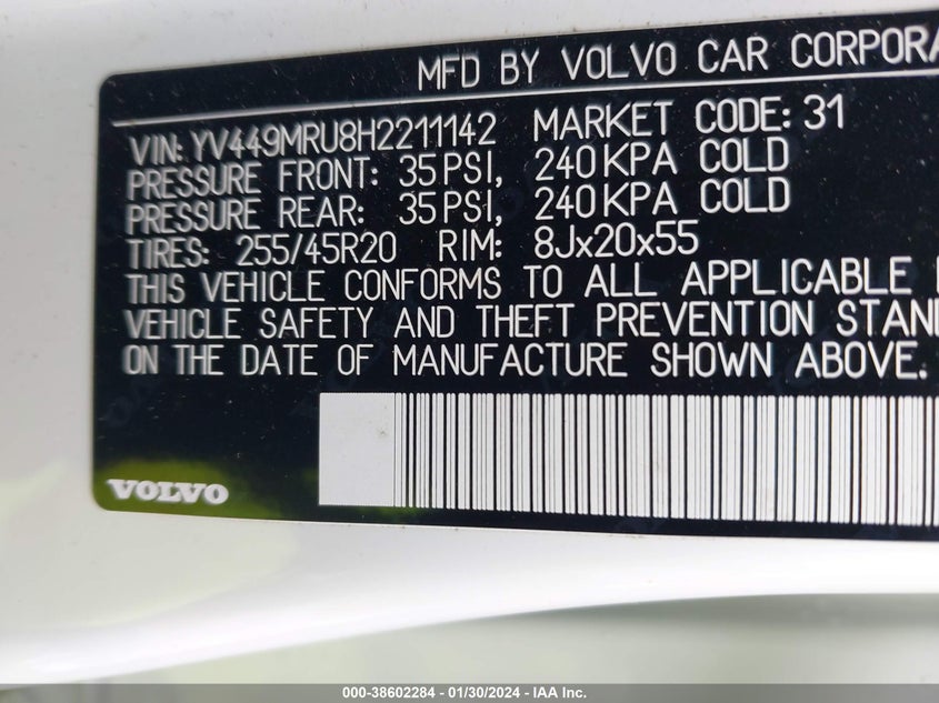 VIN YV449MRU8H2211142 2017 VOLVO XC60 T6 INSCRIPTION