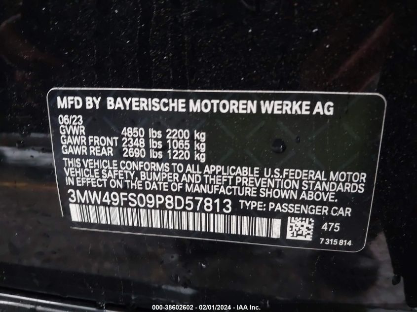 2023 BMW 3 Series M340I VIN: 3MW49FS09P8D57813 Lot: 38602602