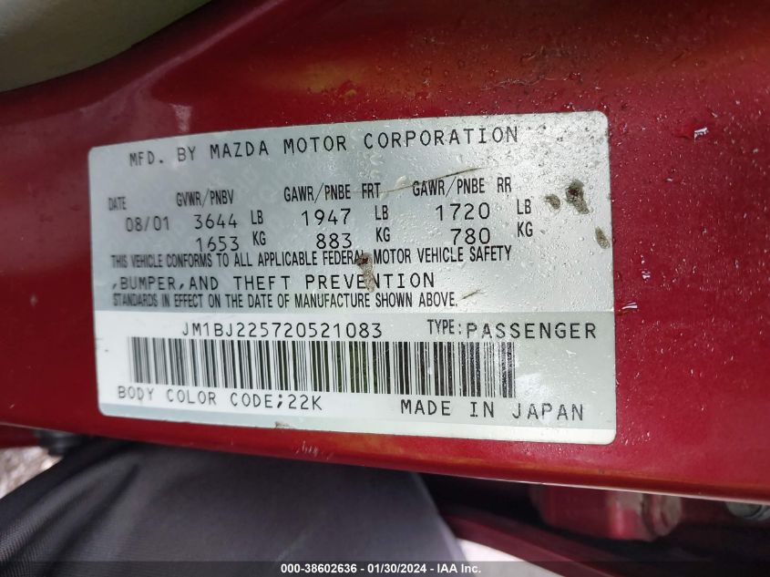 2002 Mazda Protege Dx/Es/Lx VIN: JM1BJ225720521083 Lot: 38602636