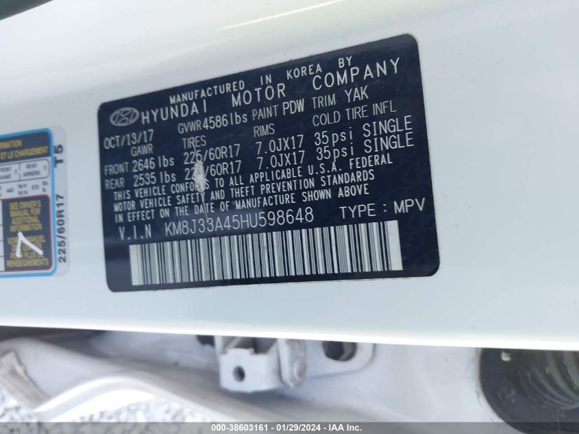 KM8J33A45HU598648 2017 Hyundai Tucson Se