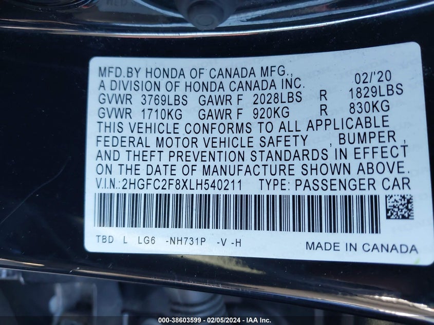 2020 HONDA CIVIC SPORT - 2HGFC2F8XLH540211