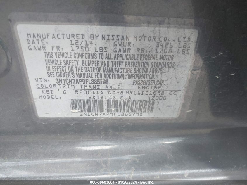 3N1CN7AP9FL885798 2015 Nissan Versa 1.6 Sl