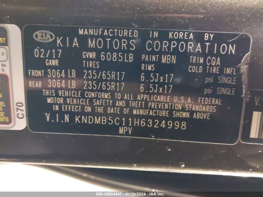 2017 Kia Sedona Lx VIN: KNDMB5C11H6324998 Lot: 38604547