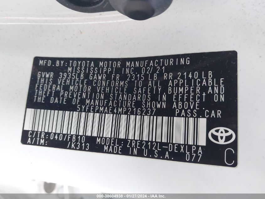 5YFEPMAE4MP216237 2021 Toyota Corolla Le