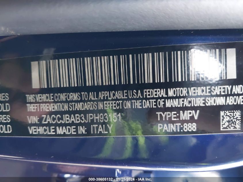 2018 Jeep Renegade Upland Edition 4X4 VIN: ZACCJBAB3JPH93151 Lot: 38605132