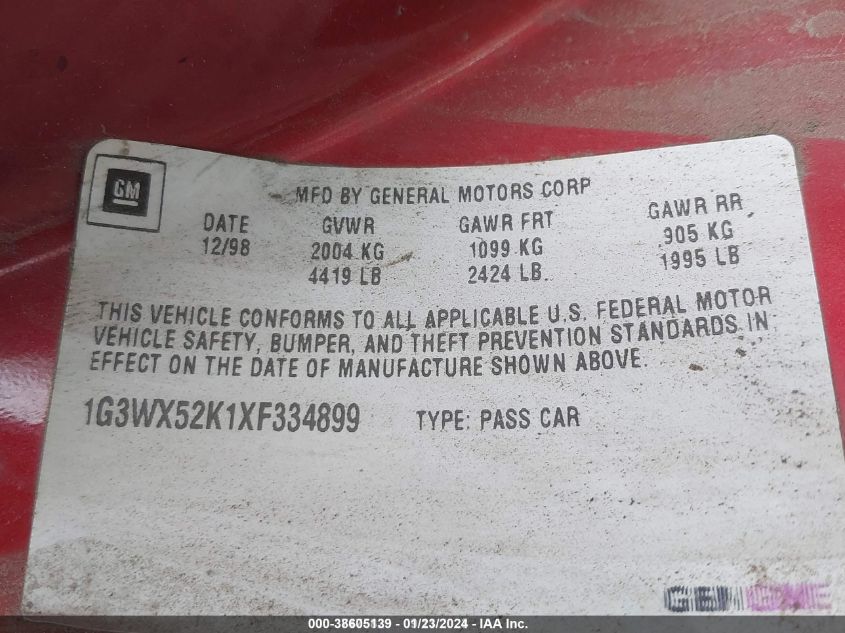 1G3WX52K1XF334899 1999 Oldsmobile Intrigue Gls