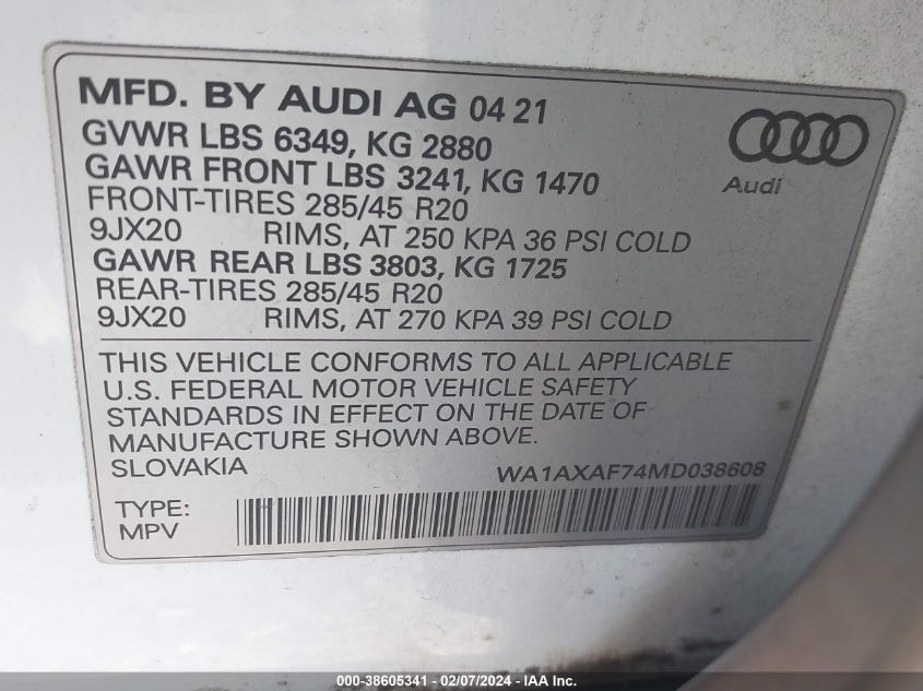 2021 Audi Q7 Premium 55 Tfsi Quattro Tiptronic VIN: WA1AXAF74MD038608 Lot: 38605341