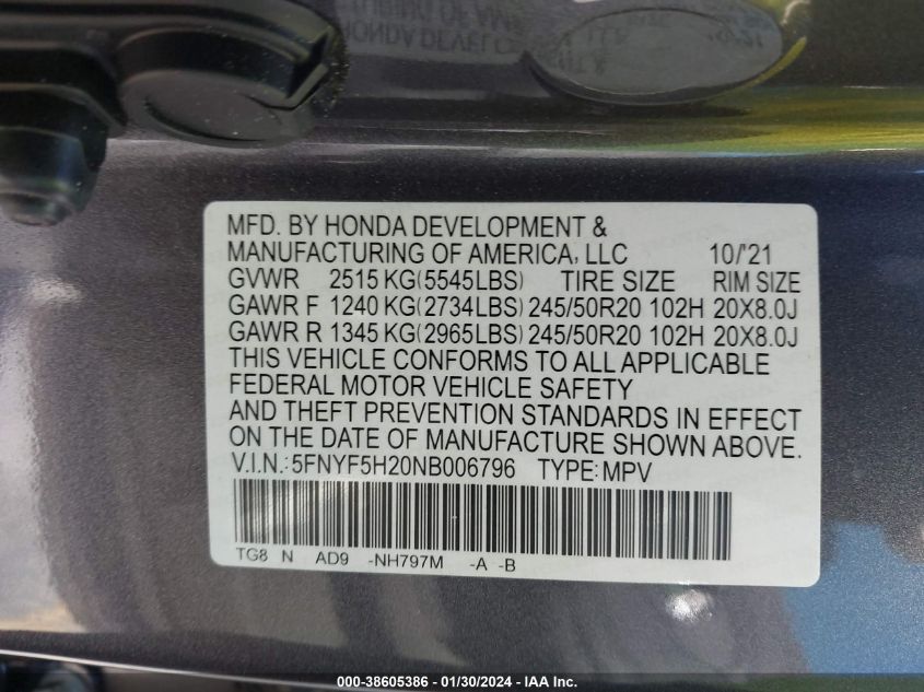 2022 Honda Pilot 2Wd Special Edition VIN: 5FNYF5H20NB006796 Lot: 38605386