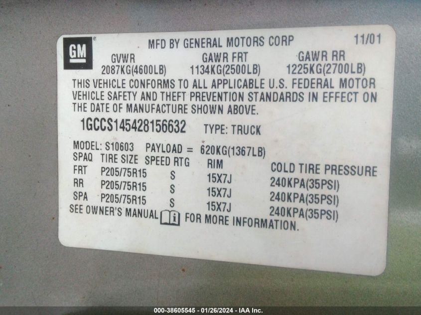 2002 Chevrolet S-10 Ls VIN: 1GCCS145428156632 Lot: 38605545
