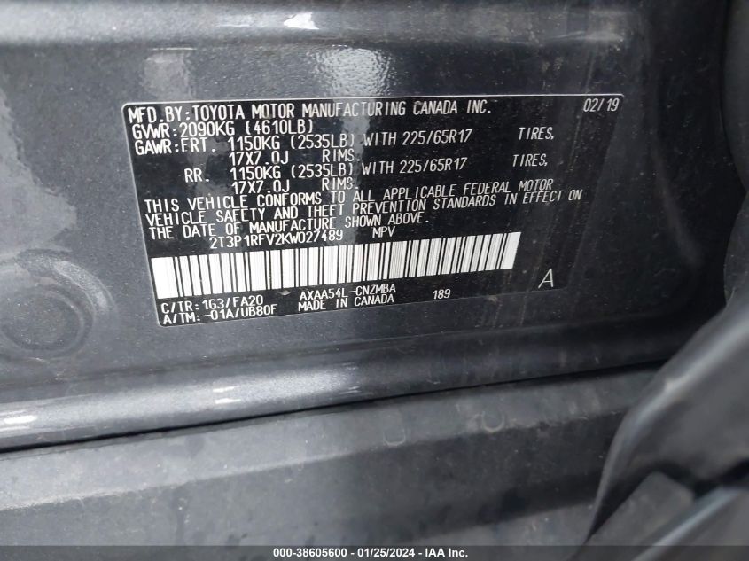 2T3P1RFV2KW027489 2019 Toyota Rav4 Xle