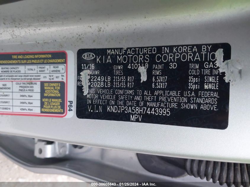 2017 Kia Soul + VIN: KNDJP3A58H7443995 Lot: 38605643